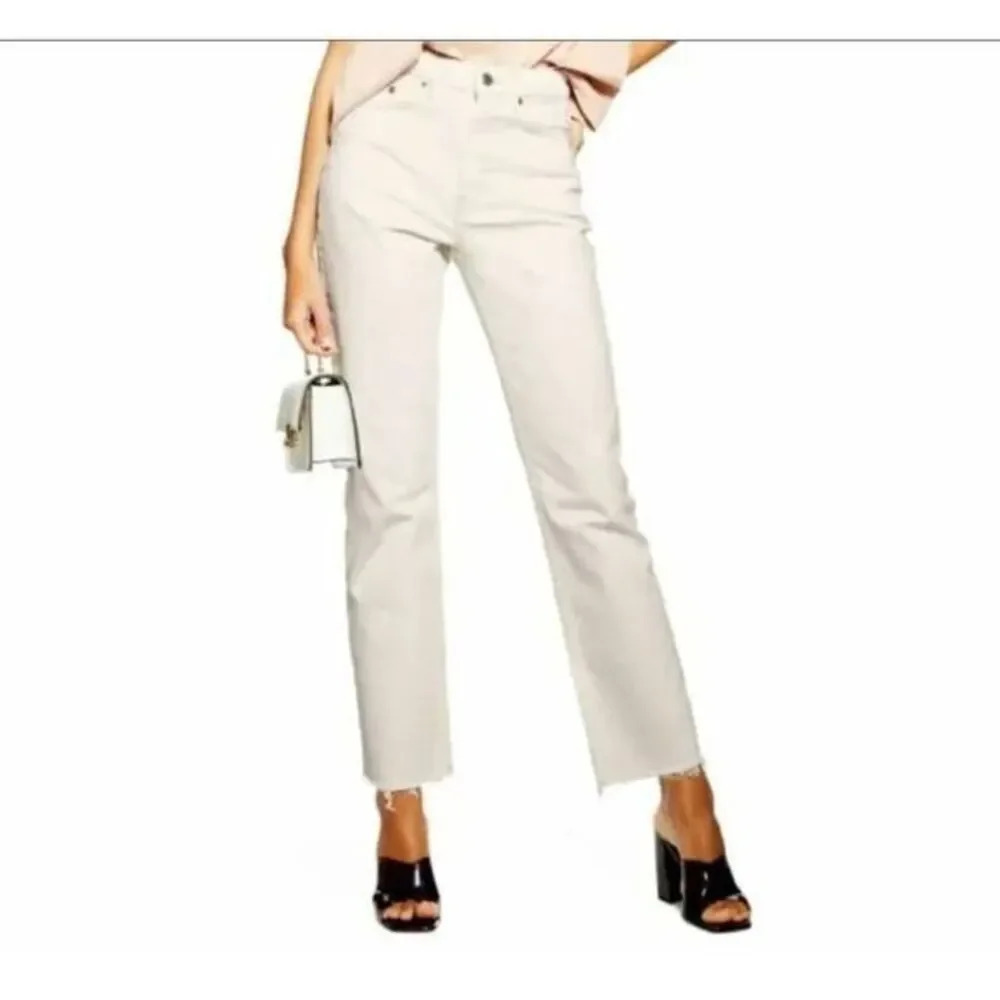 NWOT Topshop Jeans Off White High Rise Raw Hem Cropped Straight Leg